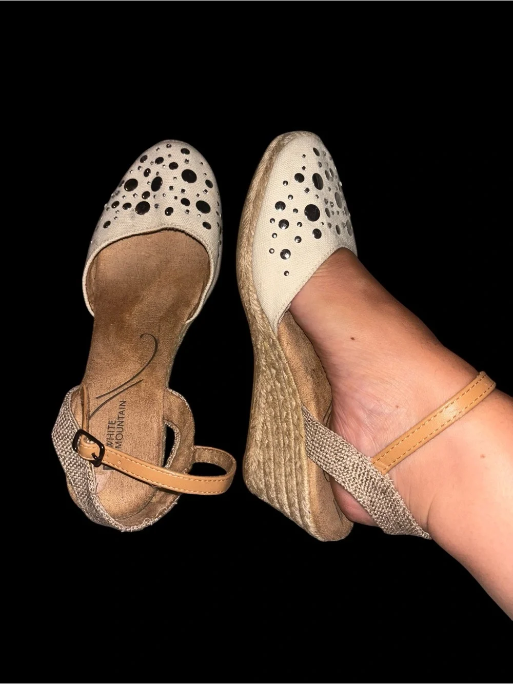 White Mountain Cream Espadrille Wedge Sandals with Rhinestone Accents